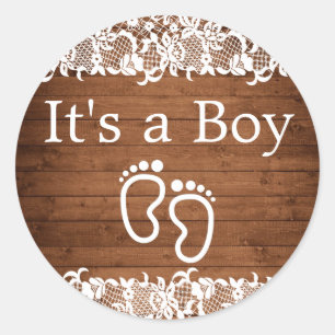 Rustic Wood & White Lace IT'S A BOY Classic Round Sticker