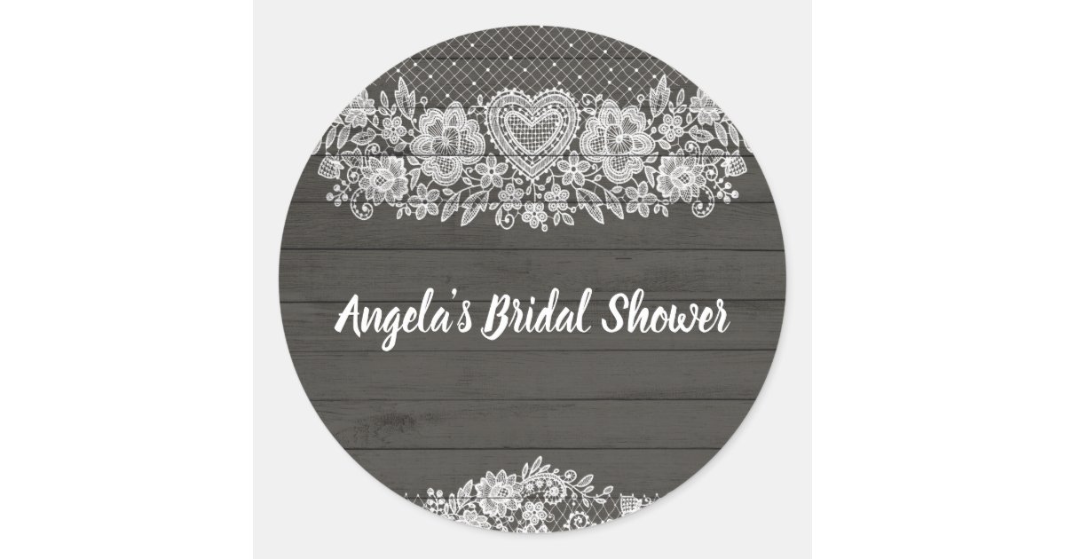 Rustic Wood &amp; White Lace Lacy Farmhouse Chic Classic Round Sticker | Zazzle