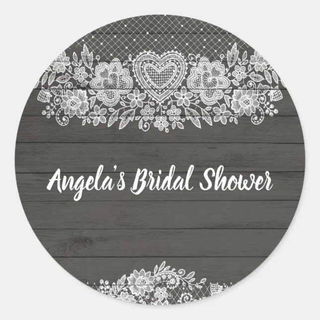 Rustic Wood &amp; White Lace Lacy Farmhouse Chic Classic Round Sticker | Zazzle