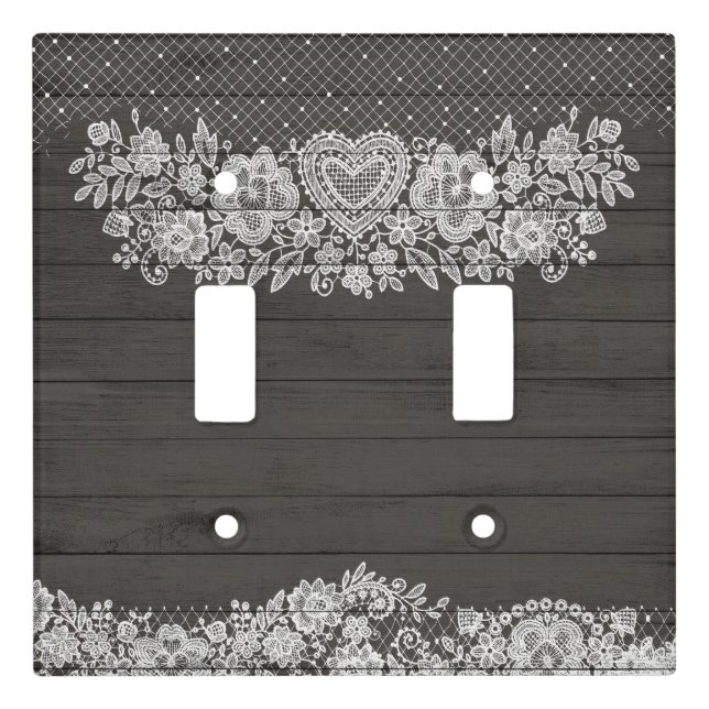 Rustic Wood & White Lace Lacy Farmhouse Chic Light Switch Cover (Front)