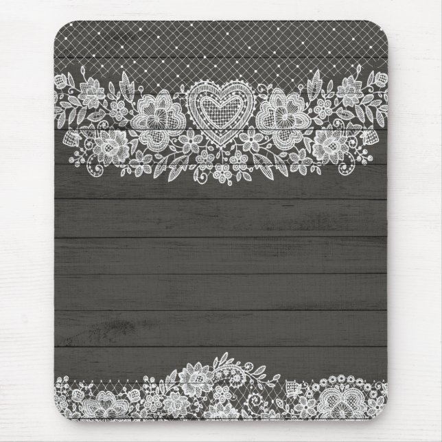 Rustic Wood & White Lace Lacy Farmhouse Chic Mouse Pad (Front)