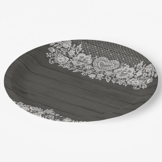 Rustic Wood & White Lace Lacy Farmhouse Chic Party Paper Plates (Angled)