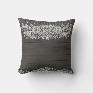 Rustic Wood & White Lace Lacy Farmhouse Chic Throw Pillow