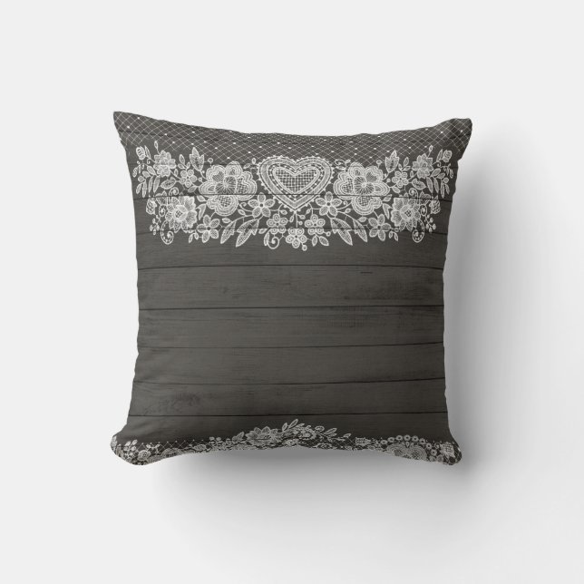 Rustic Wood & White Lace Lacy Farmhouse Chic Throw Pillow (Front)