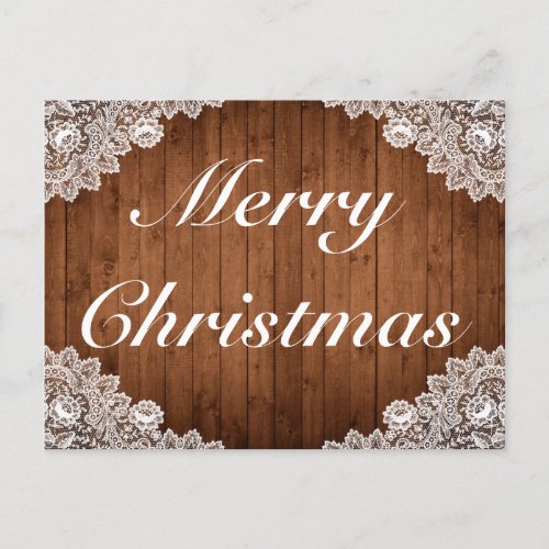 Rustic Wood  White Lace Merry Christmas Greeting Announcement Postcard