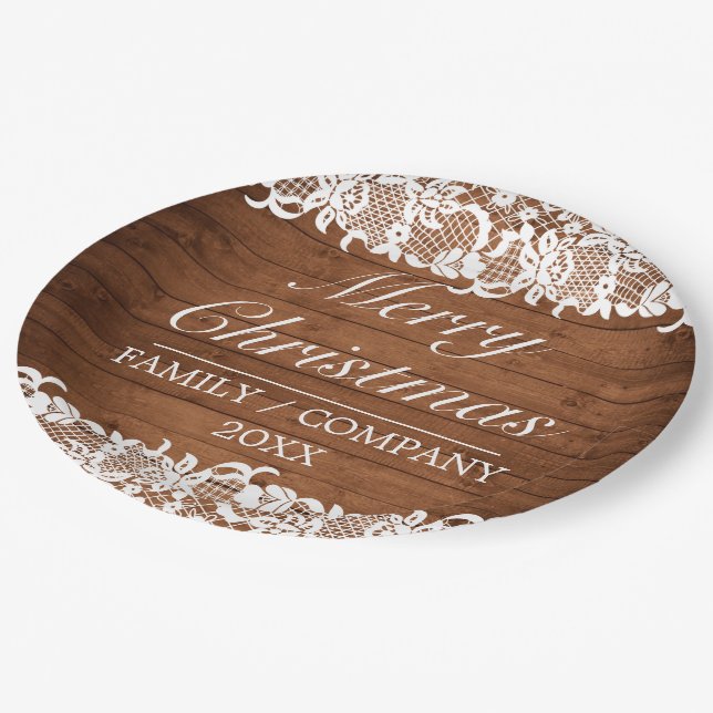 Rustic Wood & White Lace Merry Christmas Paper Plates (Angled)
