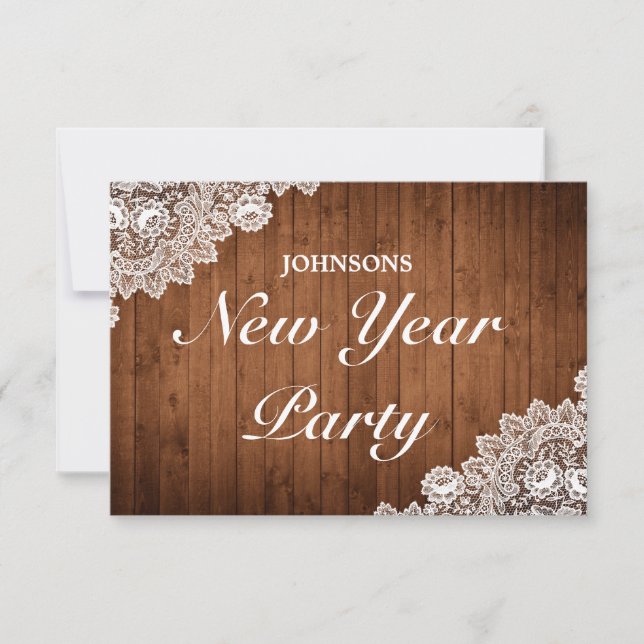 Rustic Wood & White Lace New Year Party RSVP Card (Front)