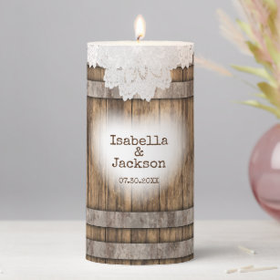 Rustic Wood & White Lace - Personalized Pillar Candle