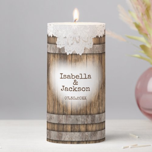 Rustic Wood  White Lace _ Personalized Pillar Candle