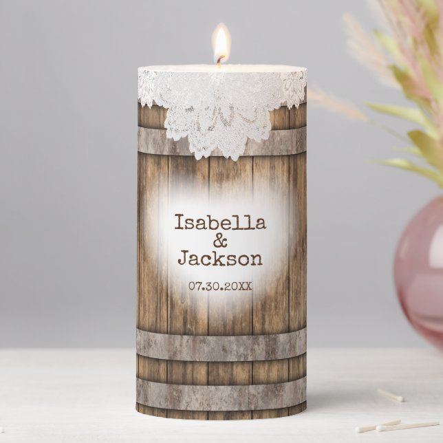 Rustic Wood & White Lace - Personalized Pillar Candle (In Situ)