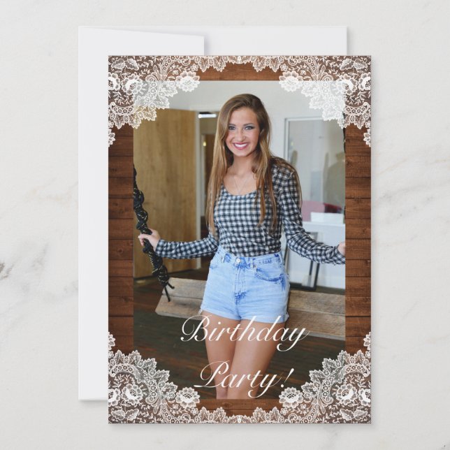 Rustic Wood & White Lace Photo Birthday Invitation (Back)