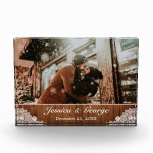 Rustic Wood & White Lace Photo Overlay Glass Block