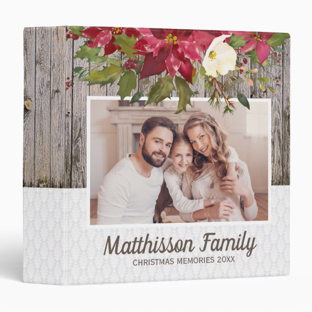 Rustic Wood White Lace Red Christmas 3 Ring Binder (Front/Spine)