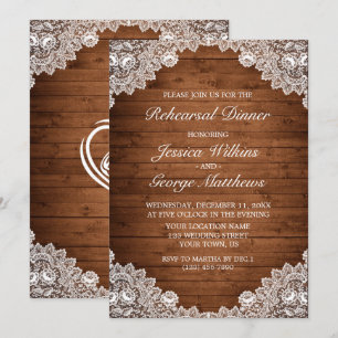 Rustic Wood & White Lace Rehearsal Dinner Invitation