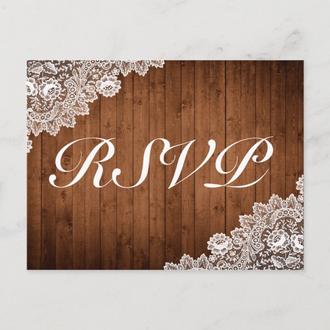 Rustic Wood & White Lace RSVP Invitation Postcard (Front)