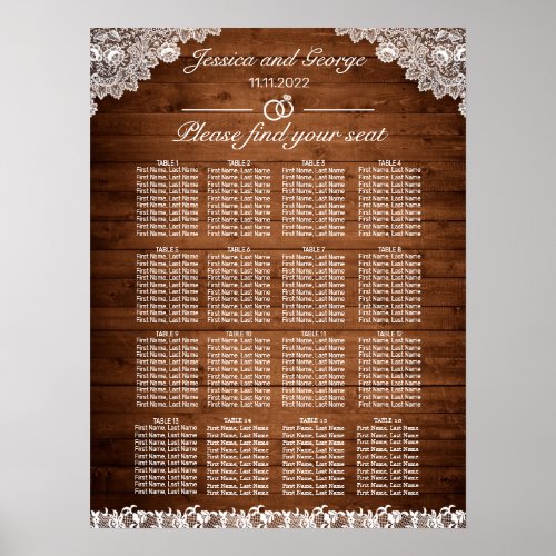 Rustic Wood  White Lace Seating Chart 16 Tables