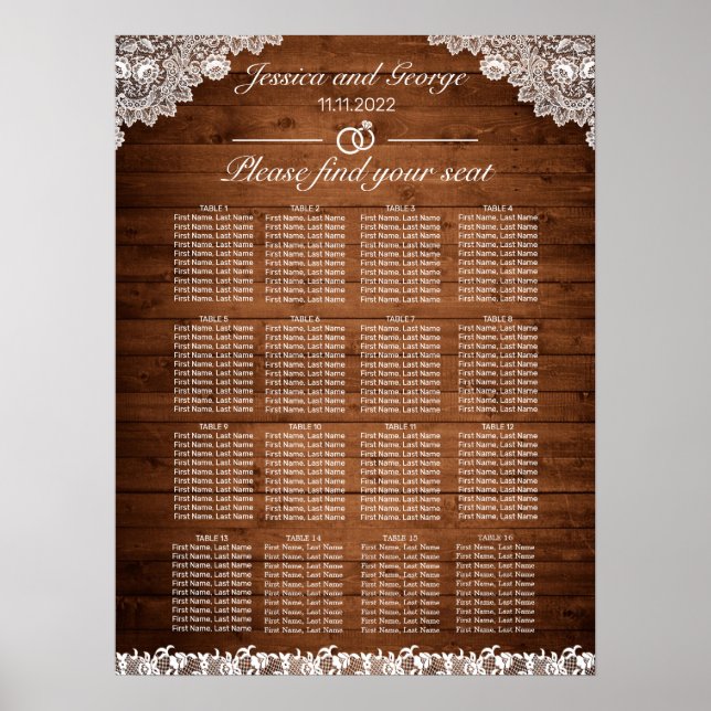 Rustic Wood & White Lace Seating Chart 16 Tables (Front)