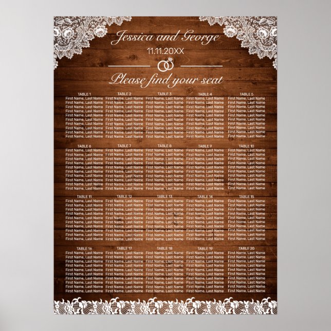 Rustic Wood & White Lace Seating Chart 20 Tables (Front)