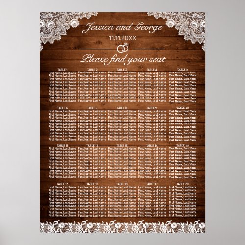 Rustic Wood  White Lace Seating Chart 20 Tables