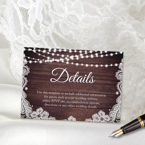 Rustic Wood White Lace String Lights Details Enclosure Card
