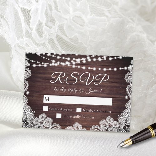 Rustic Wood White Lace String Lights Wedding RSVP Card