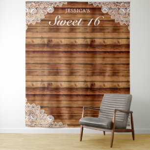 Rustic Wood & White Lace Sweet 16 Photo Background Tapestry
