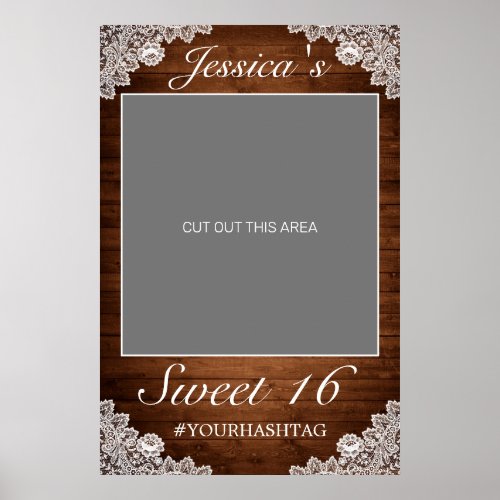 Rustic Wood  White Lace Sweet 16 Photo Prop Poster