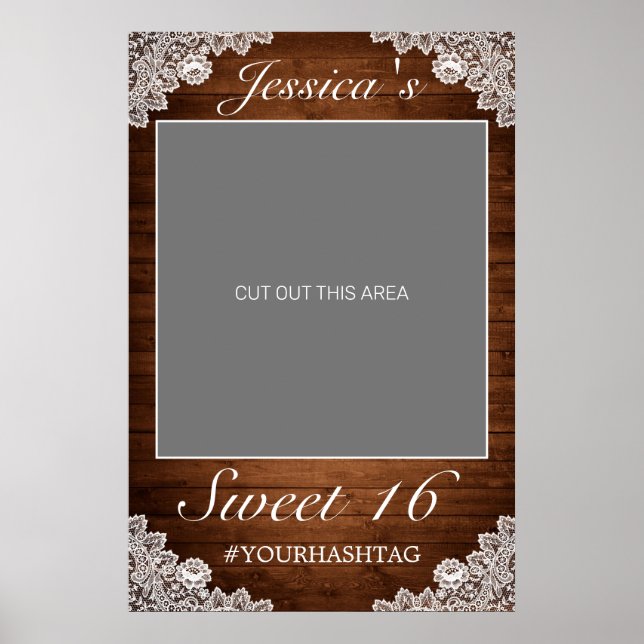 Rustic Wood & White Lace Sweet 16 Photo Prop Poster (Front)