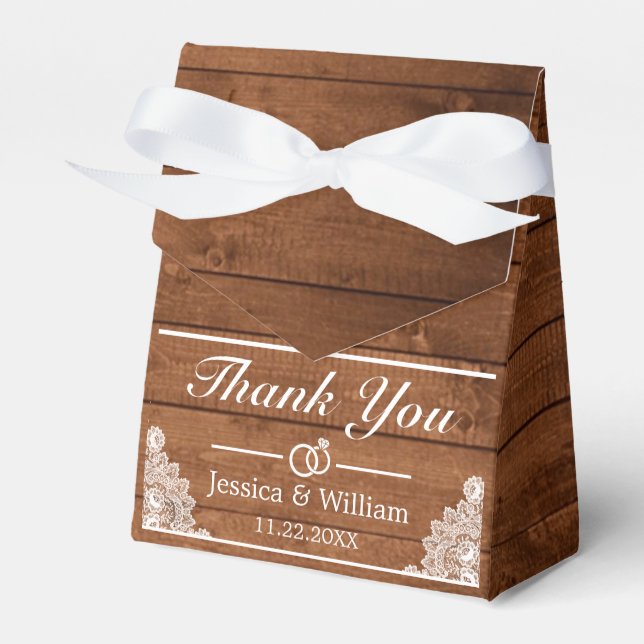 Rustic Wood & White Lace Thank You Wedding Favor Boxes (Front Side)