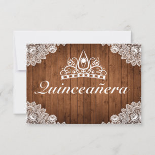 Rustic Wood & White Lace Tiara Qinceanera RSVP Card