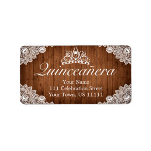 Rustic Wood & White Lace Tiara Quinceañera Address Label