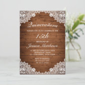 Rustic Wood & White Lace Tiara Quinceañera Invitation (Standing Front)