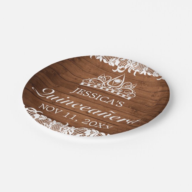 Rustic Wood & White Lace Tiara Quinceañera Paper Plates (Angled)