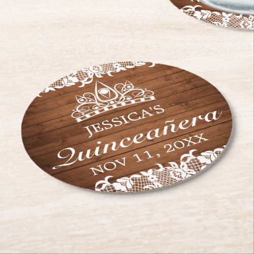 Rustic Wood  White Lace Tiara Quinceanera Round Paper Coaster