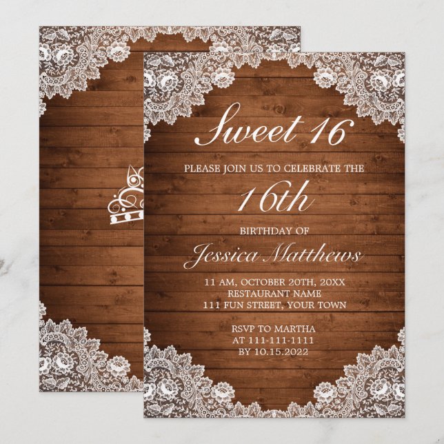 Rustic Wood & White Lace Tiara Sweet 16 Invitation (Front/Back)