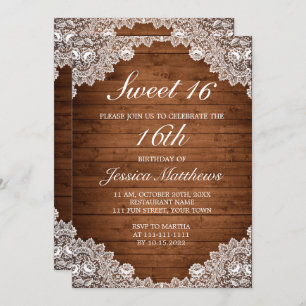 Rustic Wood & White Lace Tiara Sweet 16 Invitation