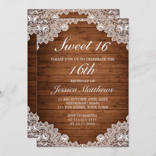 Rustic Wood  White Lace Tiara Sweet 16 Invitation