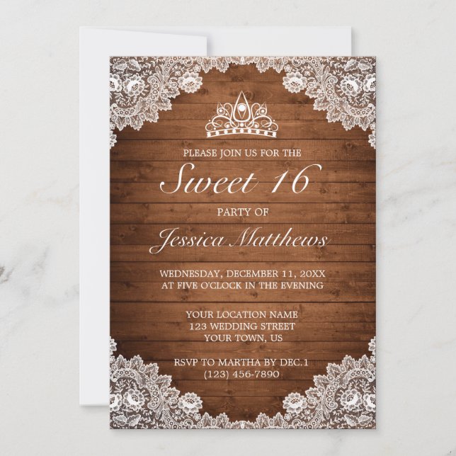 Rustic Wood & White Lace Tiara Sweet 16 Invitation (Front)