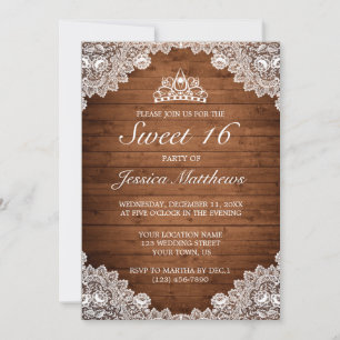Rustic Wood & White Lace Tiara Sweet 16 Invitation