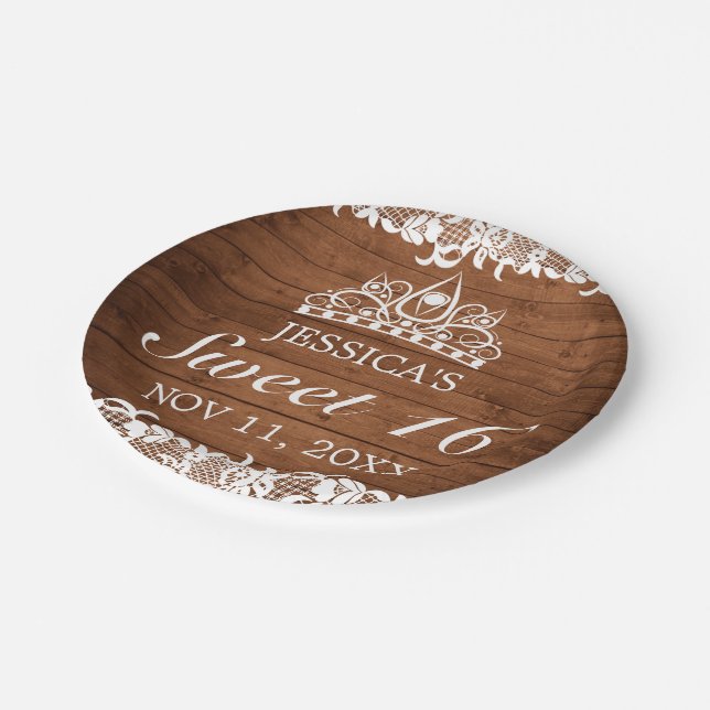 Rustic Wood & White Lace Tiara Sweet 16 Paper Plates (Angled)