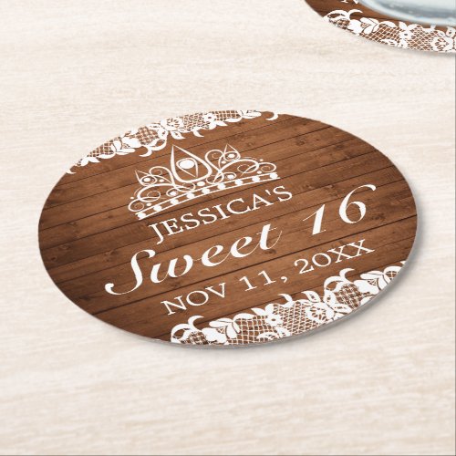 Rustic Wood  White Lace Tiara Sweet 16 Round Paper Coaster