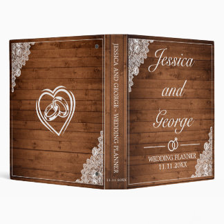Rustic Wood & White Lace Wedding 3 Ring Binder