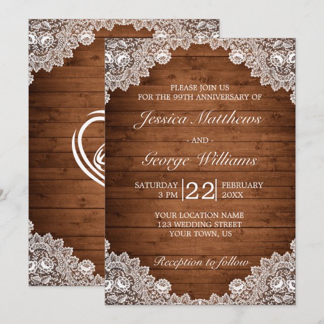 Rustic Wood & White Lace Wedding Anniversary Invitation (Front/Back)