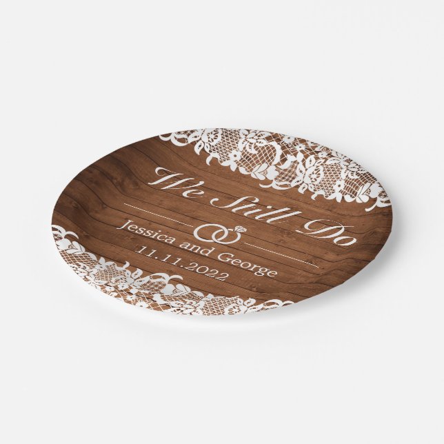 Rustic Wood & White Lace Wedding Anniversary Paper Plates (Angled)