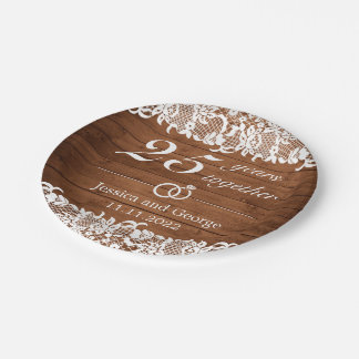 Rustic Wood & White Lace Wedding Anniversary Paper Plates