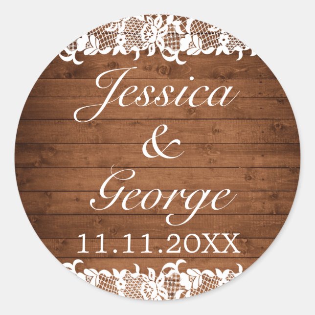 Rustic Wood & White Lace Wedding Classic Round Sticker (Front)