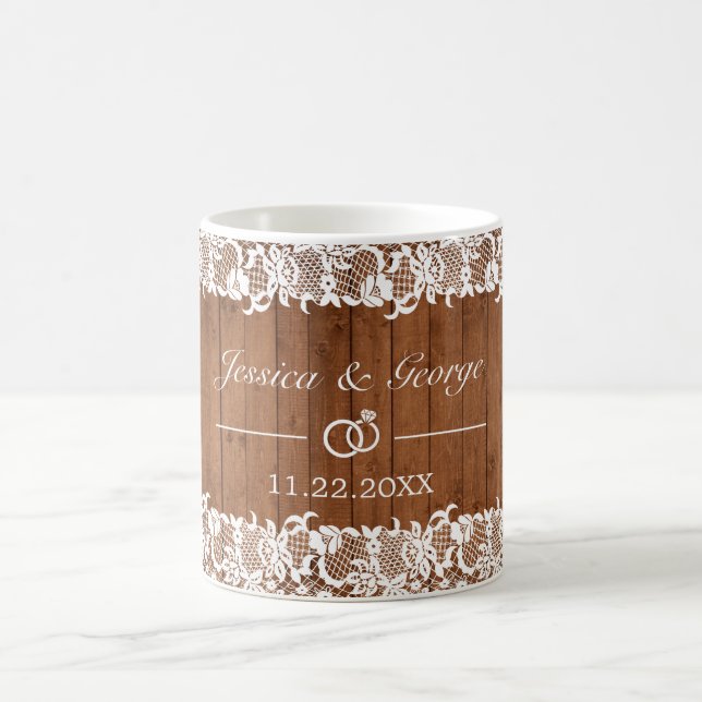 Rustic Wood & White Lace Wedding Coffee Mug (Center)
