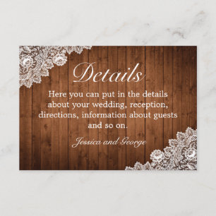 Rustic Wood & White Lace Wedding Details Enclosure Card
