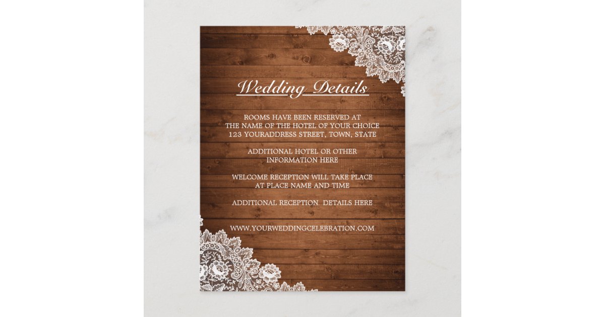 Rustic Wood & White Lace Wedding Details Enclosure Card | Zazzle