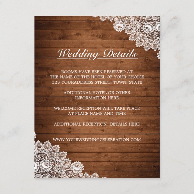 Rustic Wood & White Lace Wedding Details Enclosure Card (Front)